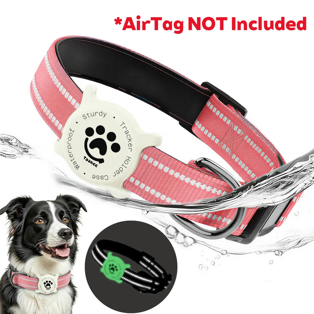 Taakcc Reflective Dog Collar with Luminous Airtag Holder, Waterproof Soft Padded & Safety Buckle