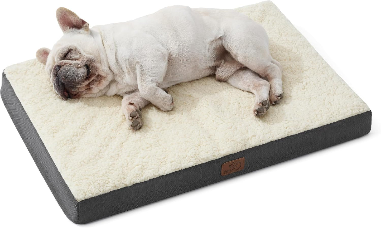 Bedsure Washable Dog Bed Medium Size Dog with Comfy Sherpa, 30X20In Grey | Orthopedic Egg Crate Foam,Comfort Support Flat Rectangle Pet Mat,Non-Slip Bottom,Removable Cover,For Medium Pet up to 30 Lbs