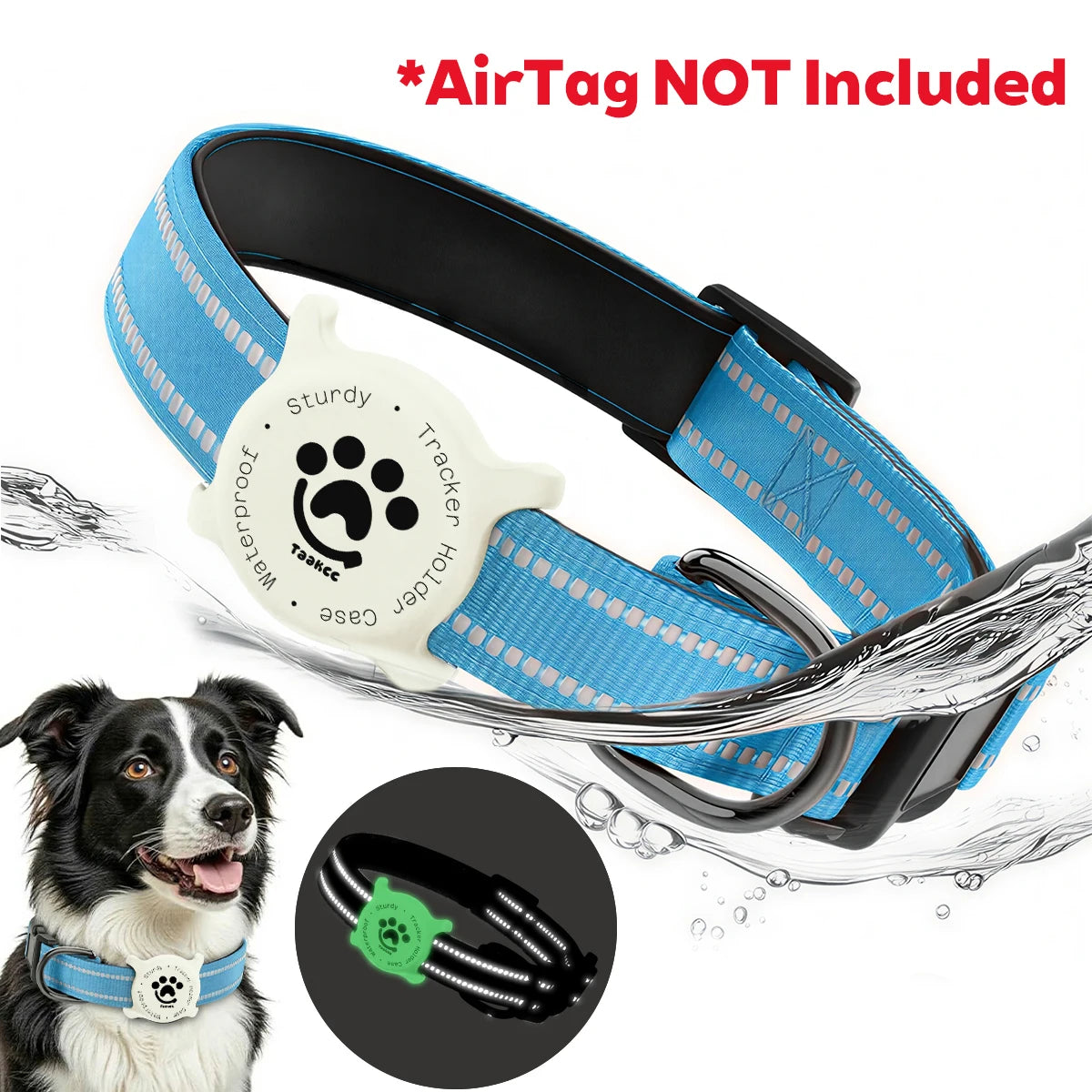 Taakcc Reflective Dog Collar with Luminous Airtag Holder, Waterproof Soft Padded & Safety Buckle